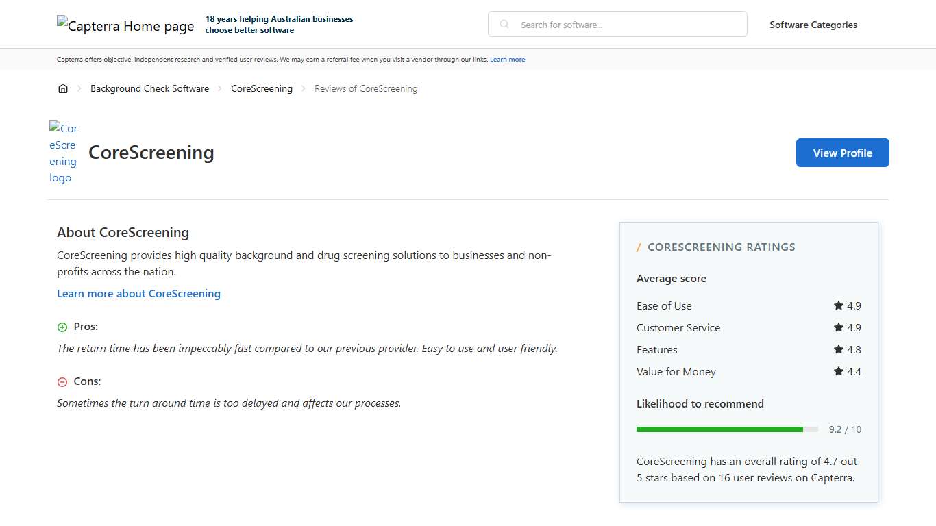 CoreScreening Reviews from Verified Users - Capterra Australia 2026